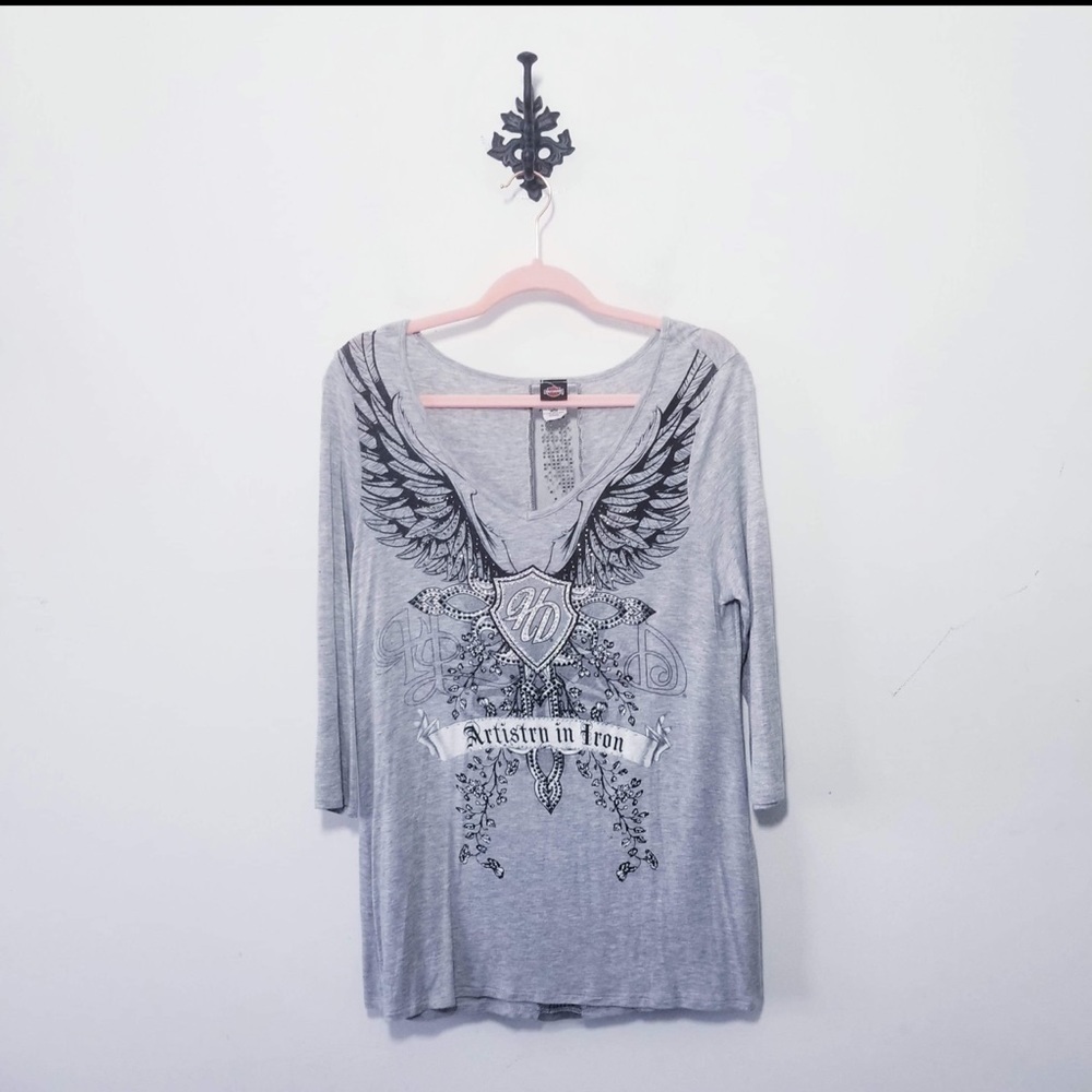 Harley-Davidson Scoop Neck Embellished 3/4 Sleeve Tee size US XL , Grey
